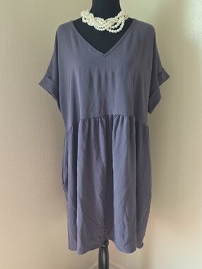 Mittoshop V-Neck Short Sleeve Smock Tunic in Slate Gray